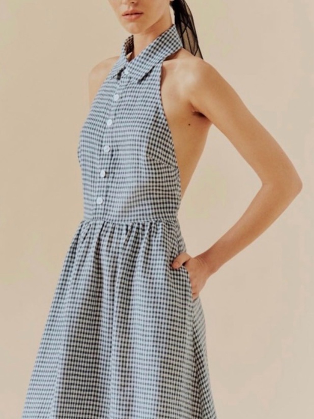 Reformation Tace Halter Gingham Dress - Slate Check - Picture 2 of 7